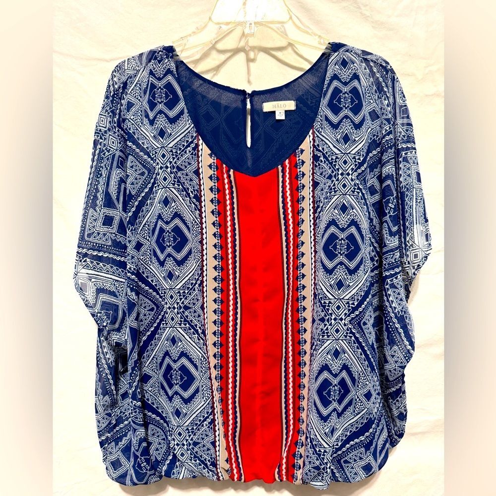 Halo Flowy Red White and Blue Paisley Print Lined with Elastic Hem Top Size M